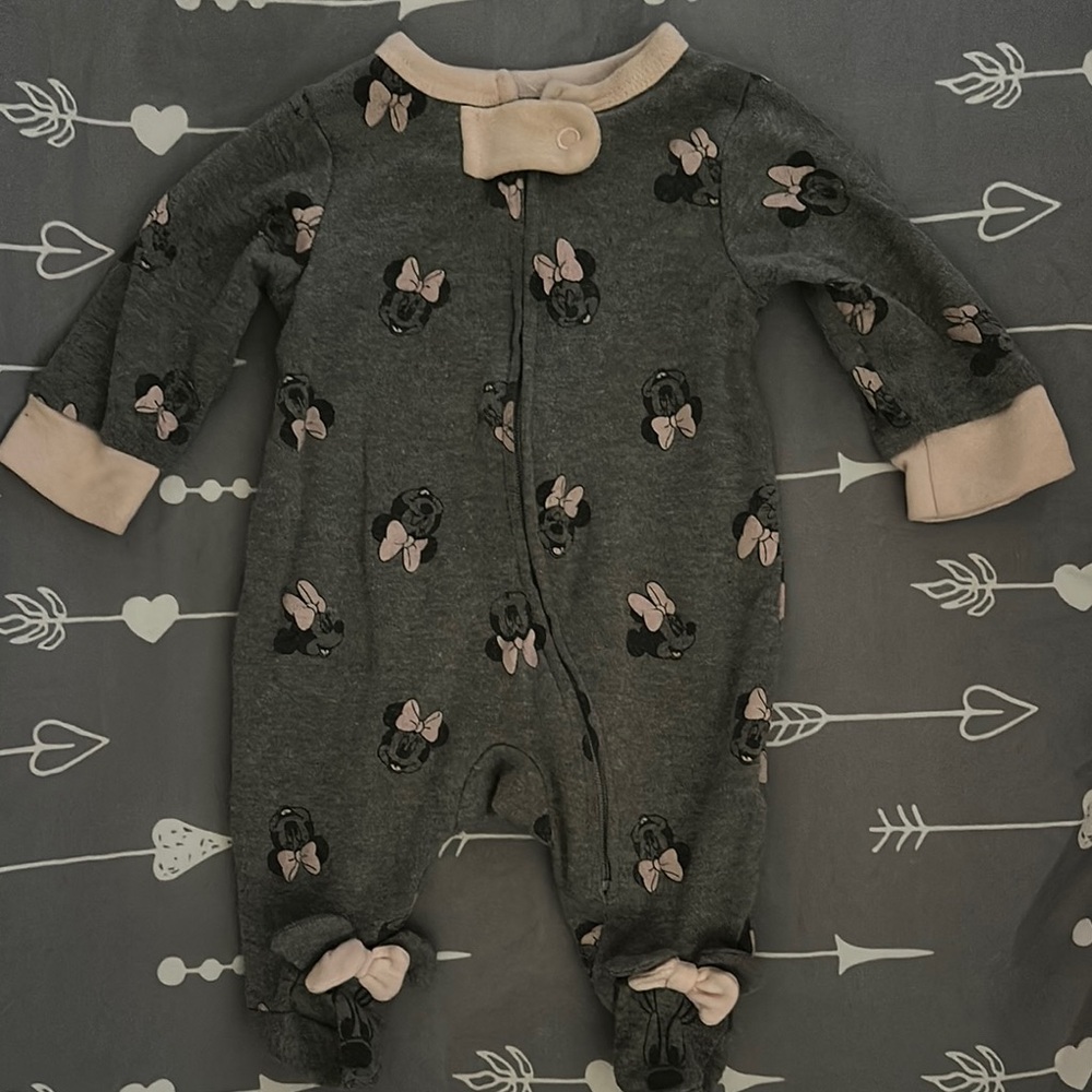 Baby Girl Gray Minnie Mouse Footed One-Piece Sleeper - Disney